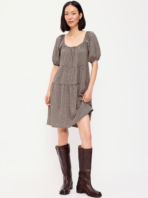 Image number 1 showing, Puff-Sleeve Smocked Mini Swing Dress