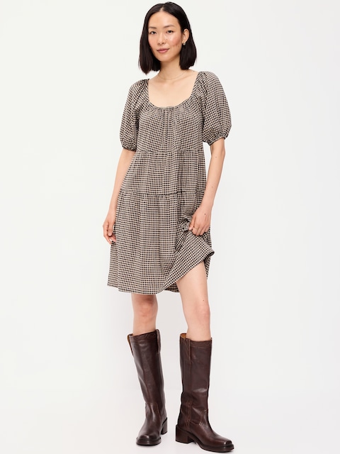 Puff-Sleeve Smocked Mini Swing Dress