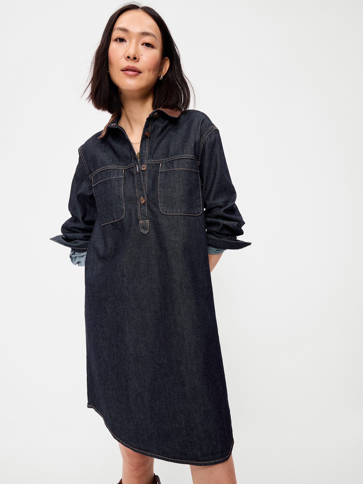 Long-Sleeve Denim Mini Shirt Dress