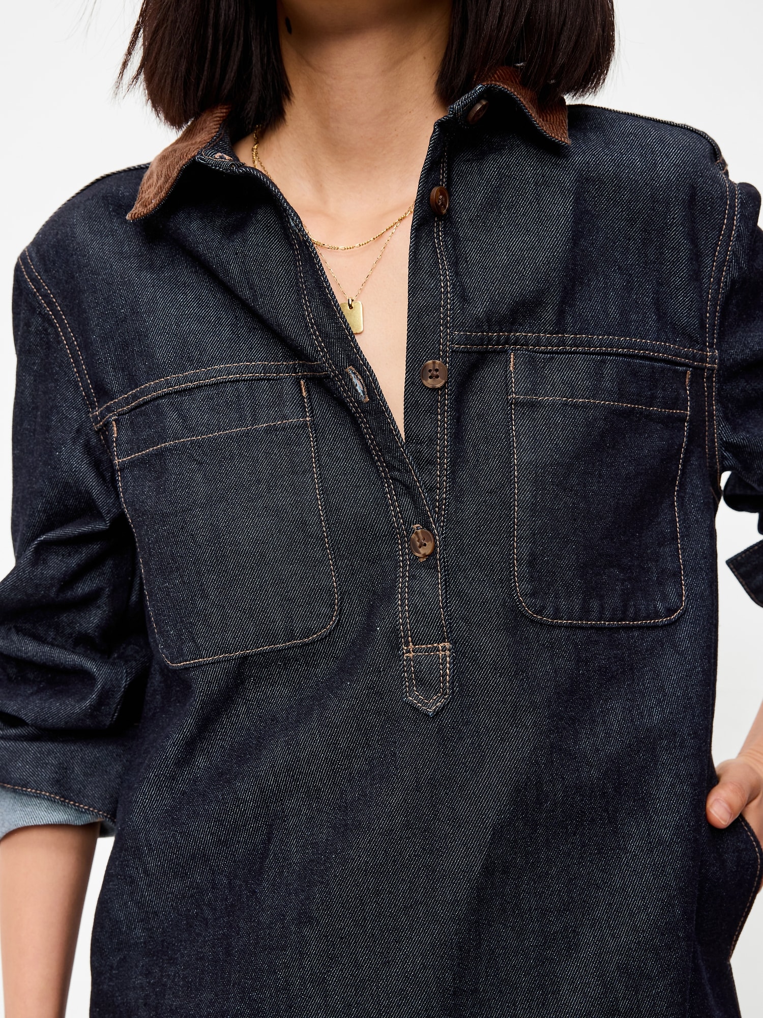 Long-Sleeve Denim Mini Shirt Dress