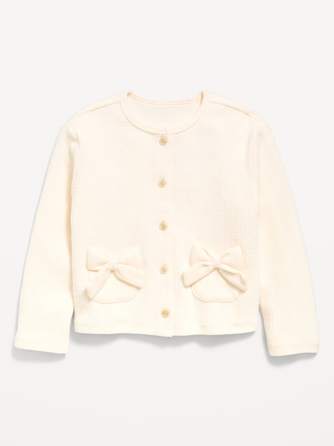 Cozy Ribbed Bow-Pocket Cardigan Sweater for Toddler Girls