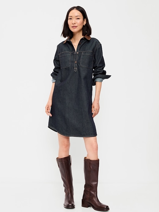 Image number 1 showing, Long-Sleeve Denim Mini Shirt Dress