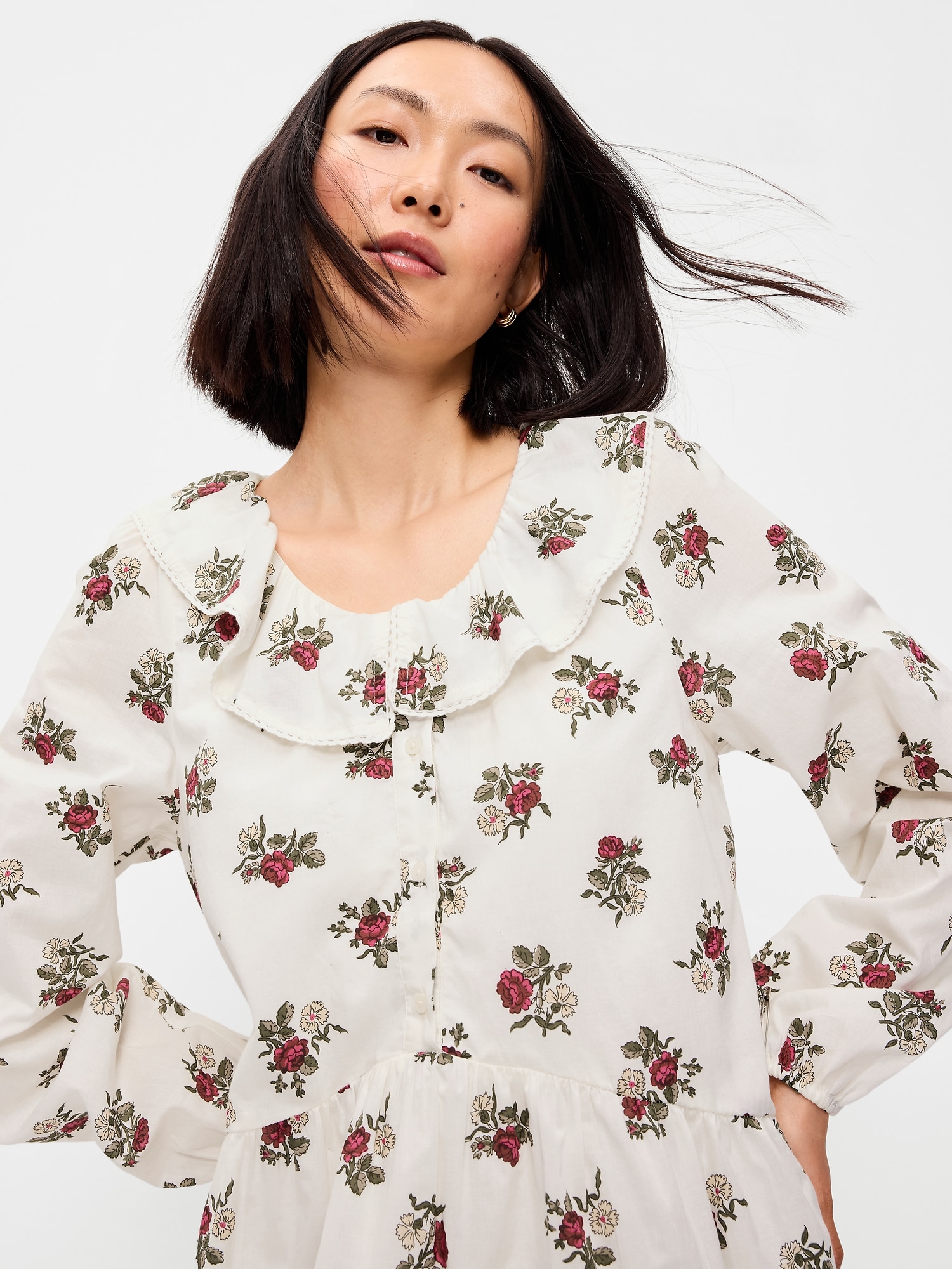 Long-Sleeve Ruffle-Collar Swing Mini Dress