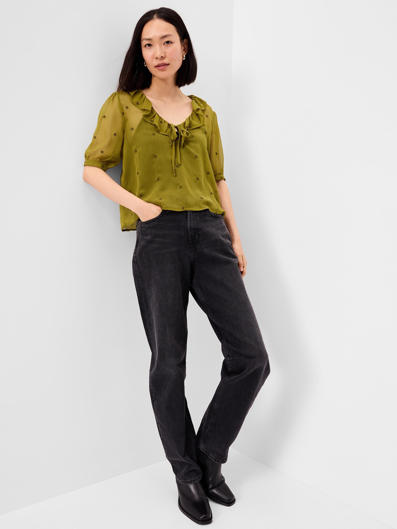 Short-Sleeve Embroidered Chiffon Top