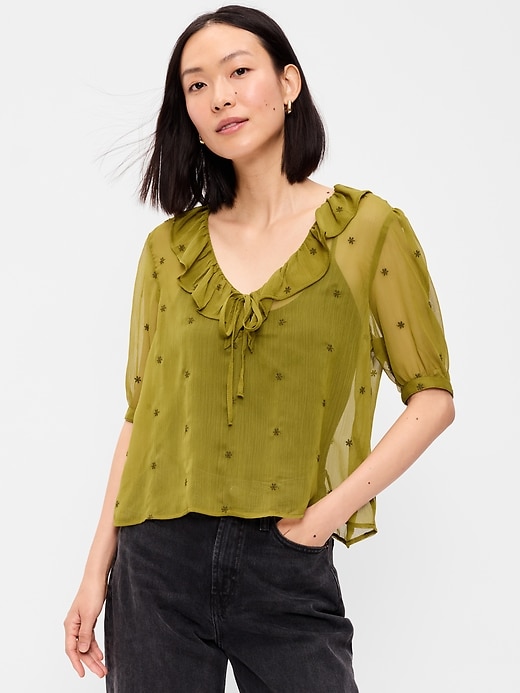 Image number 1 showing, Short-Sleeve Embroidered Chiffon Top