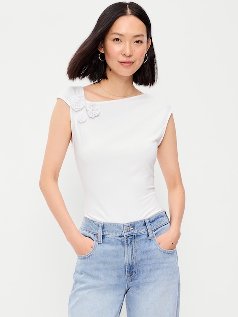 Gathered-Shoulder Rosette Top