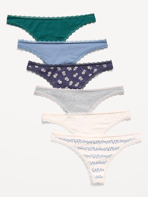 Image number 1 showing, 6-Pack Low-Rise Lace-Trim Cotton Thongs