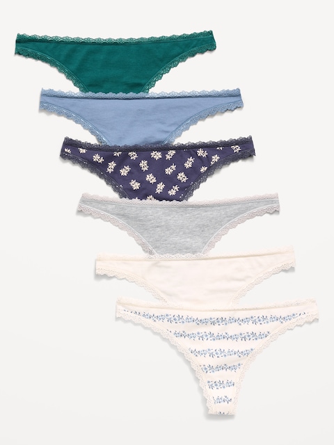 6-Pack Low-Rise Lace-Trim Cotton Thongs