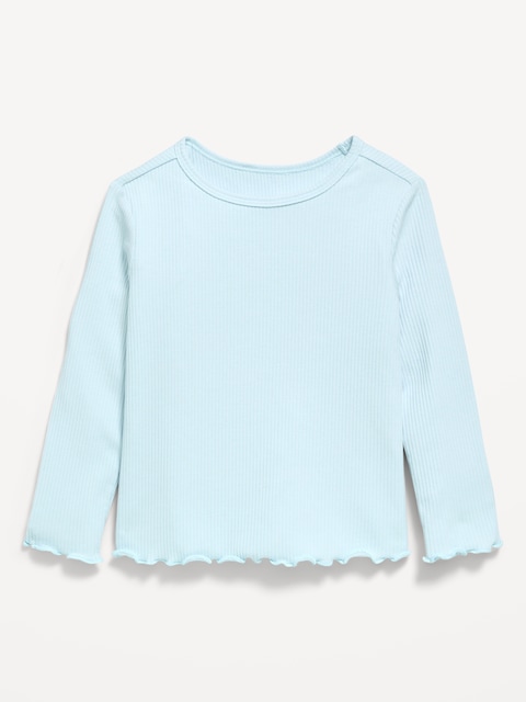 Fitted Long-Sleeve Ribbed Lettuce-Edge T-Shirt for Toddler Girls