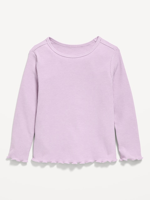 Fitted Long-Sleeve Ribbed Lettuce-Edge T-Shirt for Toddler Girls