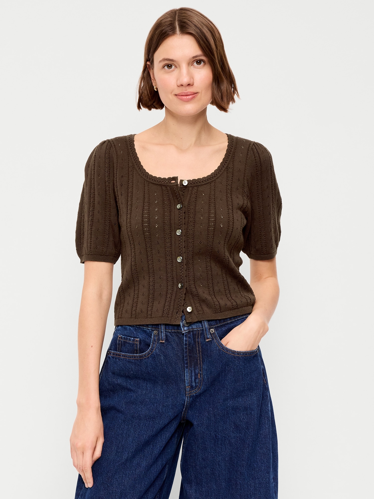 Seaside Cotton Short-Sleeve Button-Down Sweater