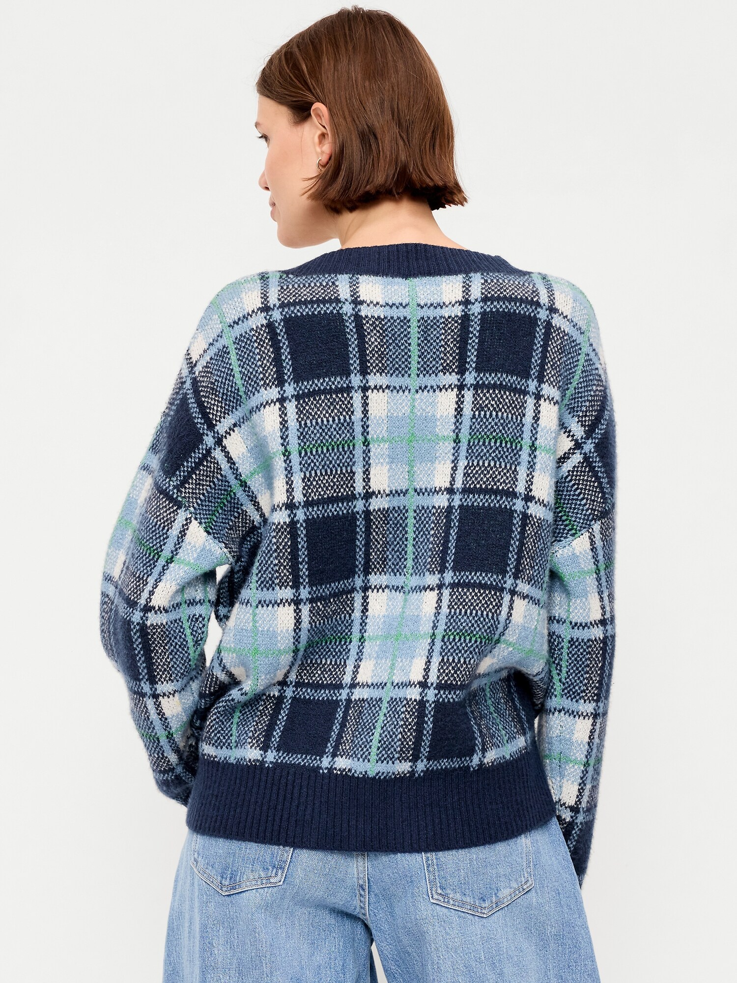 Женский кардиган Old Navy SoSoft V-Neck Cardigan, цвет: Синий клетчатый — фото 2