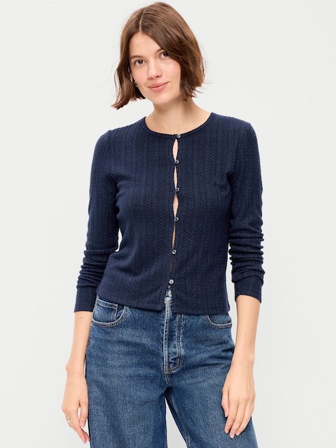 Long-Sleeve Button-Front Pointelle Top