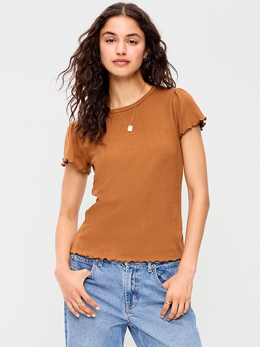 Image number 1 showing, Lettuce-Edge Pointelle Top