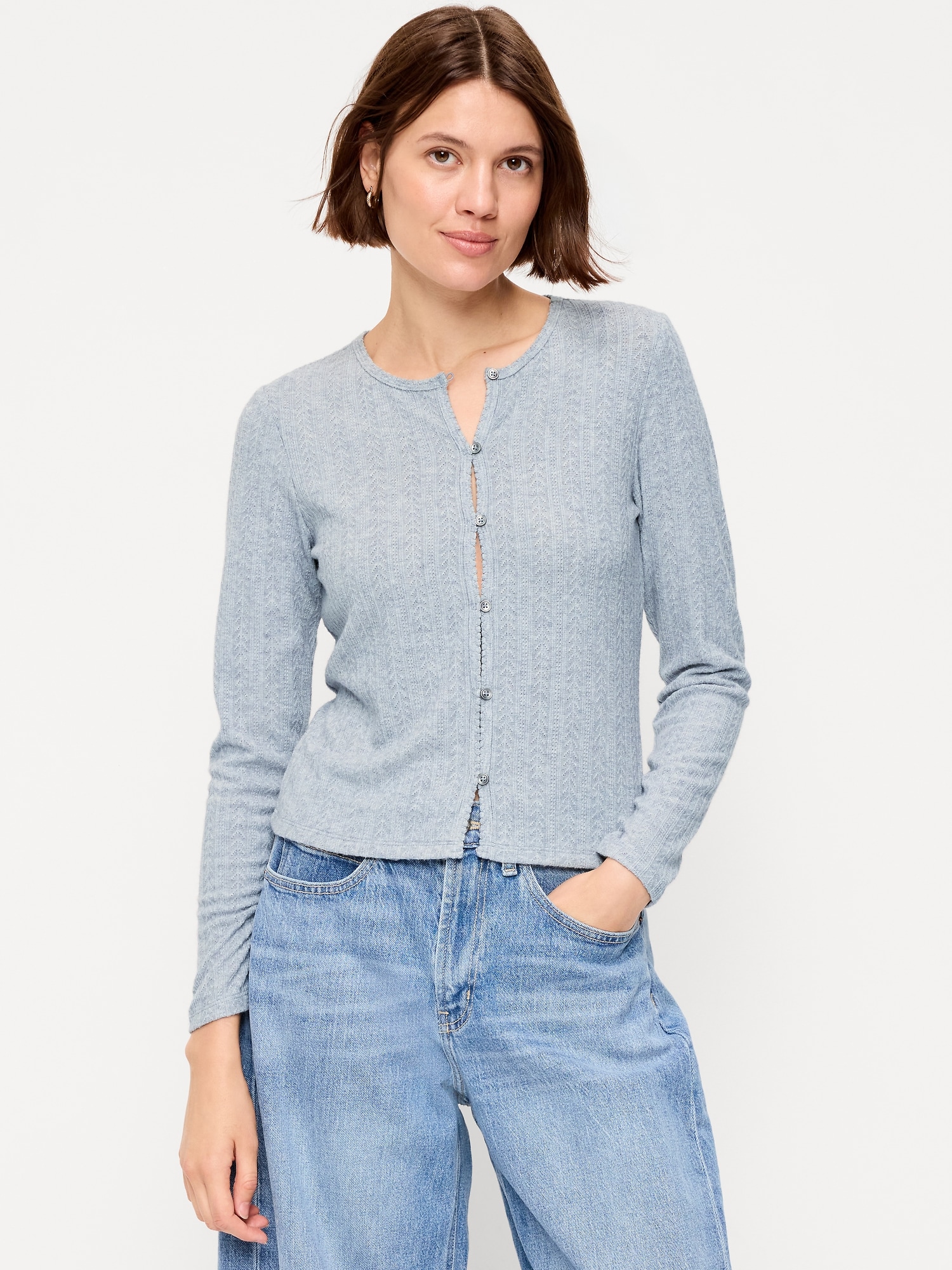 Long-Sleeve Button-Front Pointelle Top