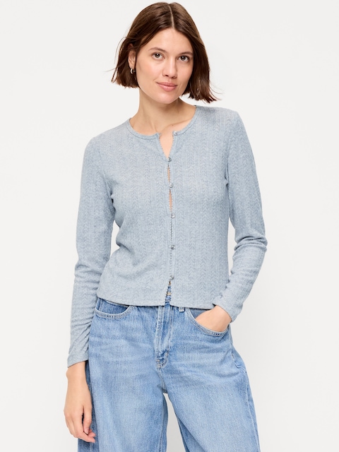 Long-Sleeve Button-Front Pointelle Top