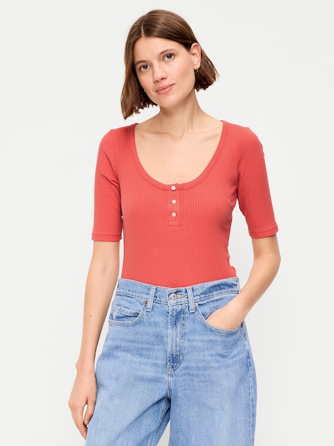 Scoop-Neck Fitted Henley Top