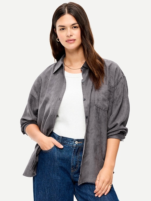 Image number 5 showing, Oversized Faux-Suede Button-Down Boyfriend Shirt