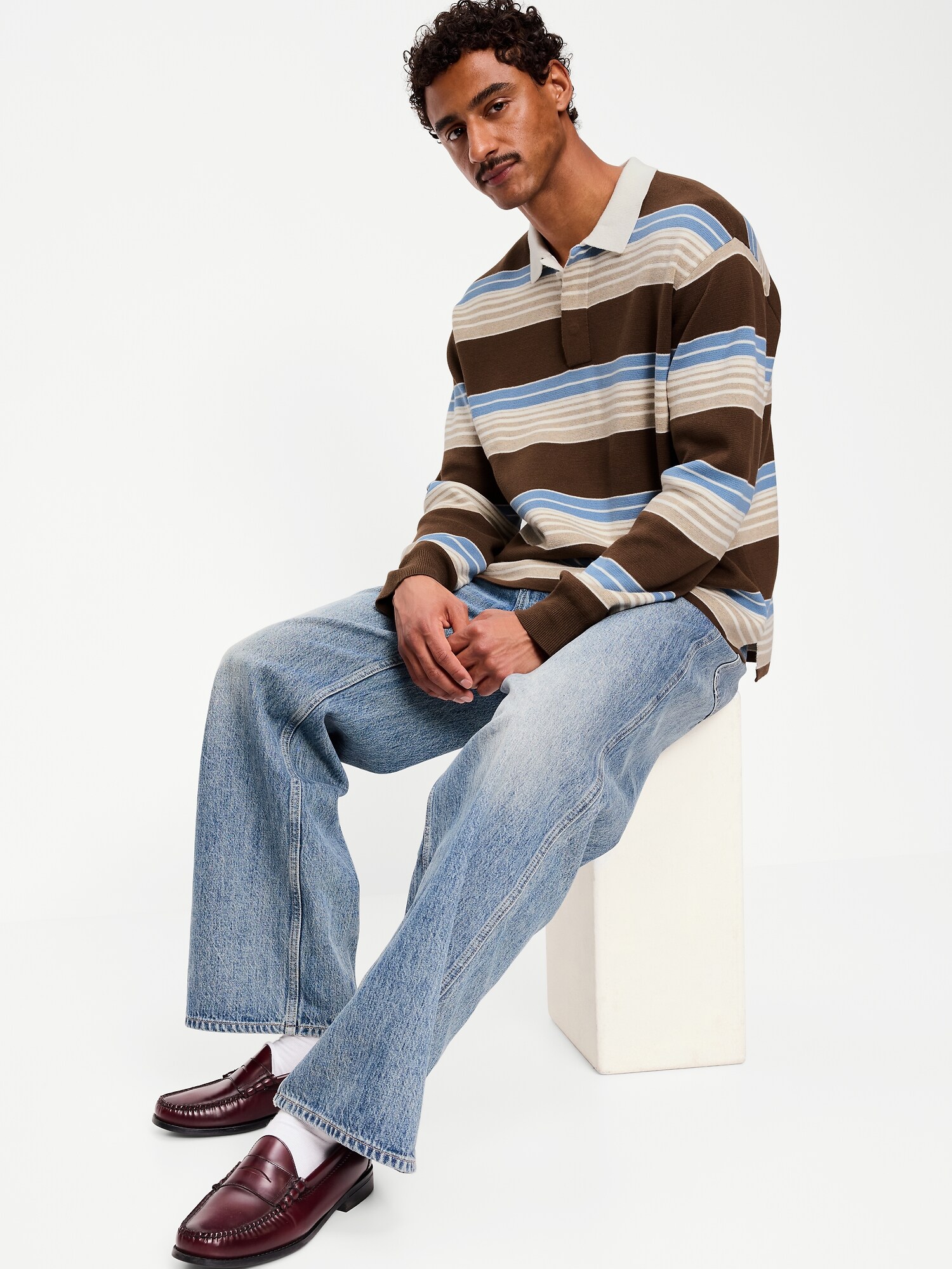 Мужской свитер Old Navy Long-Sleeve Rugby Polo, цвет: Синий / Коричневый полосатый — фото 3