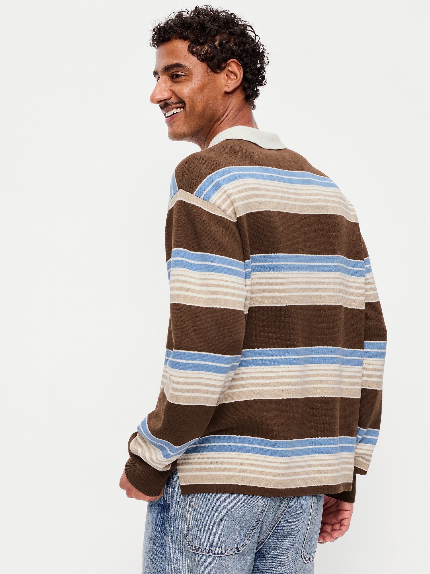 Мужской свитер Old Navy Long-Sleeve Rugby Polo, цвет: Синий / Коричневый полосатый — фото 2