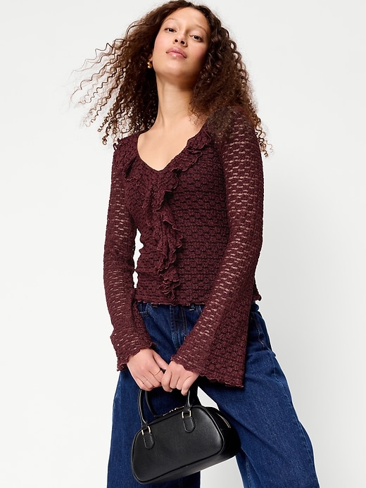Image number 3 showing, Fitted Bell-Sleeve Ruffle Top