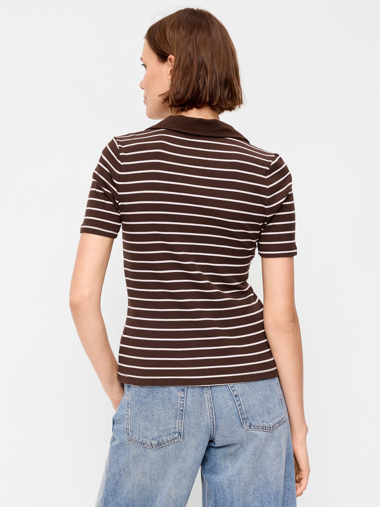Женский топ Old Navy Keyhole Polo Top, цвет: Земляной коричневый полосатый — фото 2