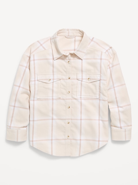 Oversized Long-Sleeve Utility Pocket Flannel Shirt for Girls