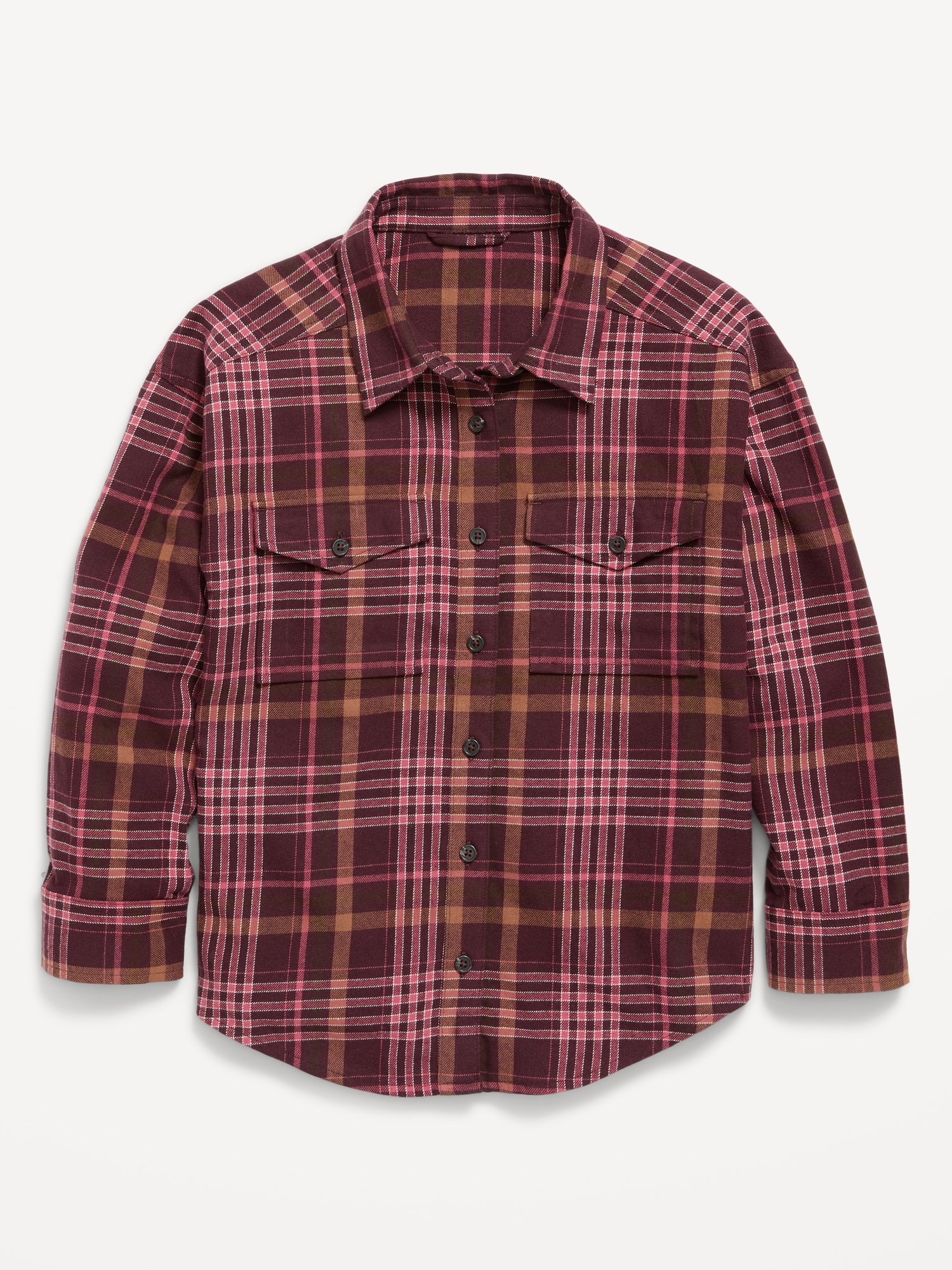 Oversized Long-Sleeve Utility Pocket Flannel Shirt for Girls