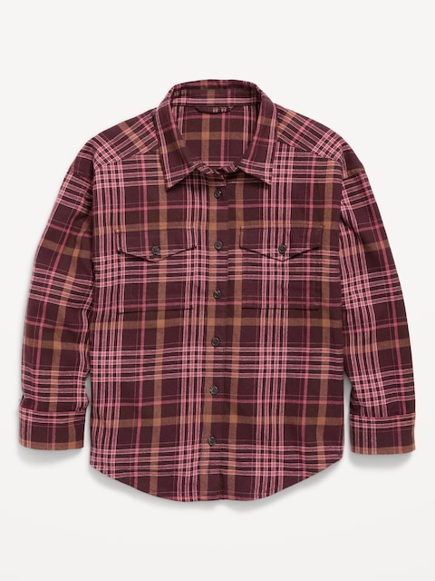 Oversized Long-Sleeve Utility Pocket Flannel Shirt for Girls