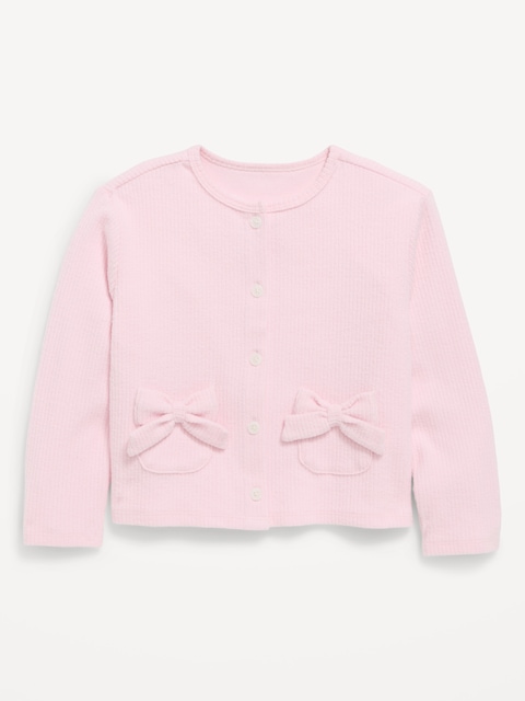 Cozy Ribbed Bow-Pocket Cardigan Sweater for Toddler Girls