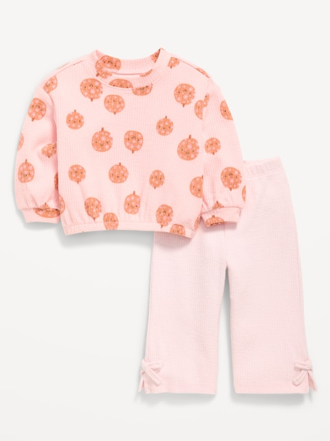 Printed Ribbed Sweatshirt and Wide-Leg Pants Set for Baby