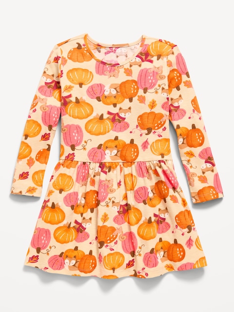 Printed Long-Sleeve Ribbed Dress for Toddler Girls
