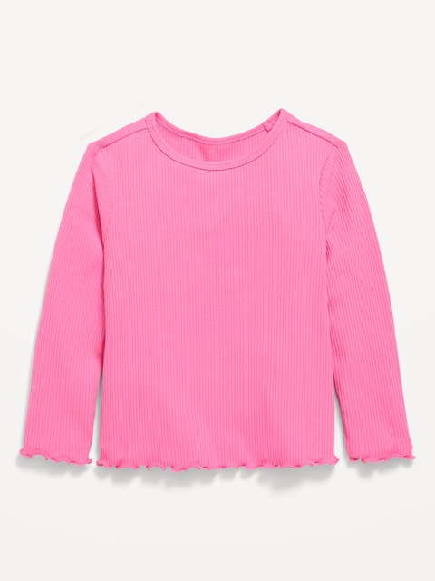 Fitted Long-Sleeve Ribbed Lettuce-Edge T-Shirt for Toddler Girls