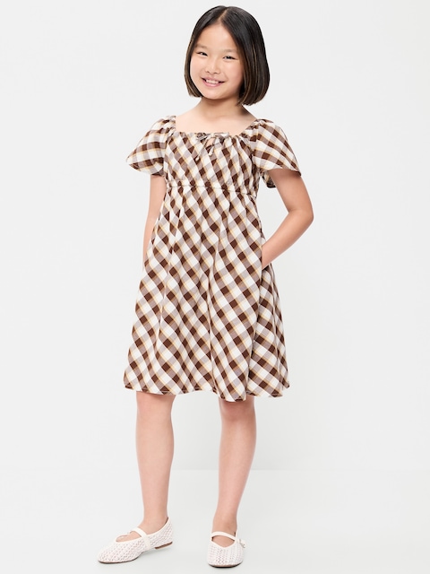 Short Flutter-Sleeve Crinkled Plaid Dress for Girls