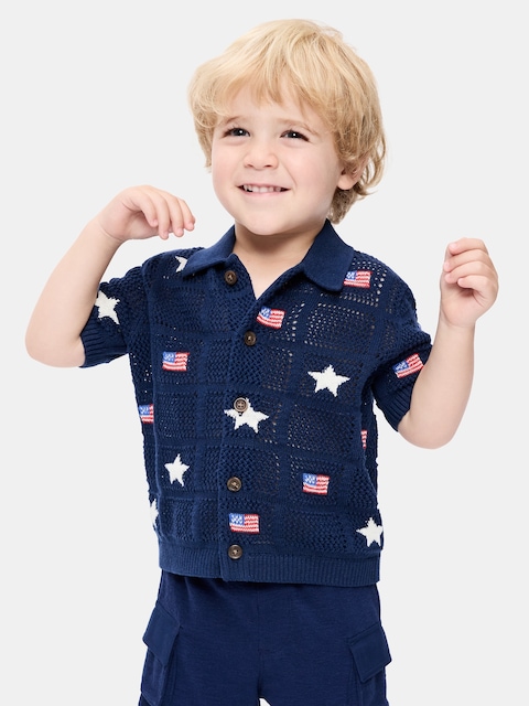 Oversized Short-Sleeve Crochet-Knit Shirt for Toddler Boys