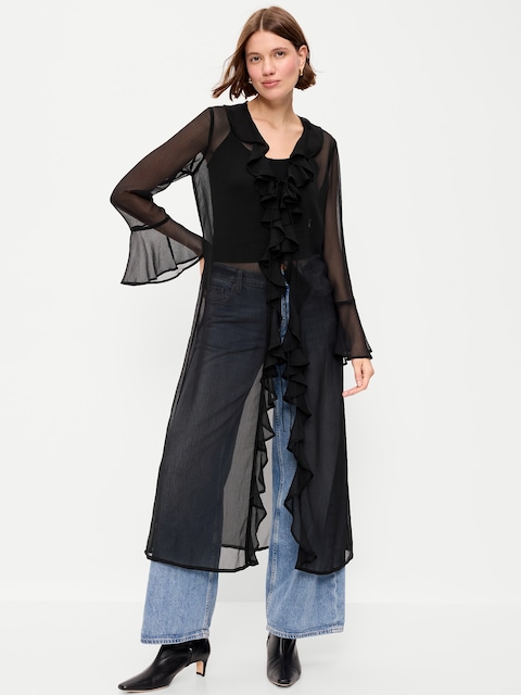 Long-Sleeve Sheer Chiffon Duster