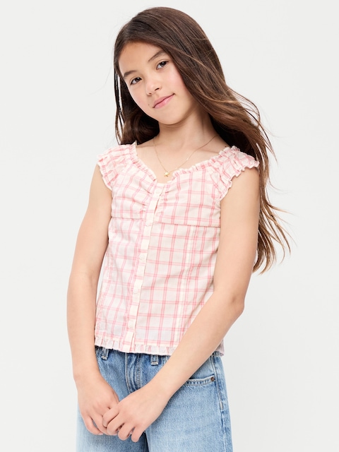 Short-Sleeve Sweetheart-Neck Button-Front Top for Girls