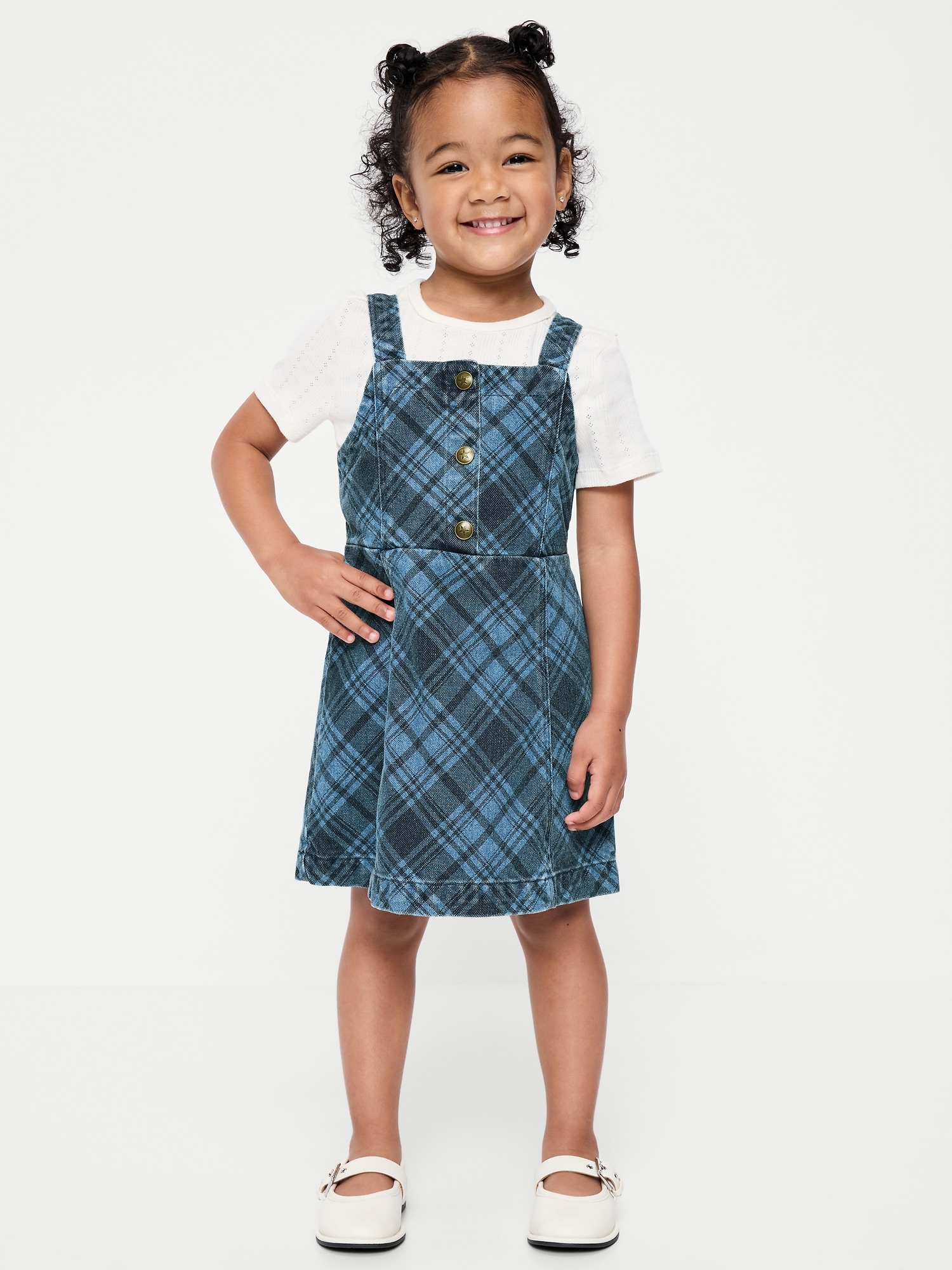Sleeveless Plaid Denim Dress and T-Shirt Set for Toddler Girls