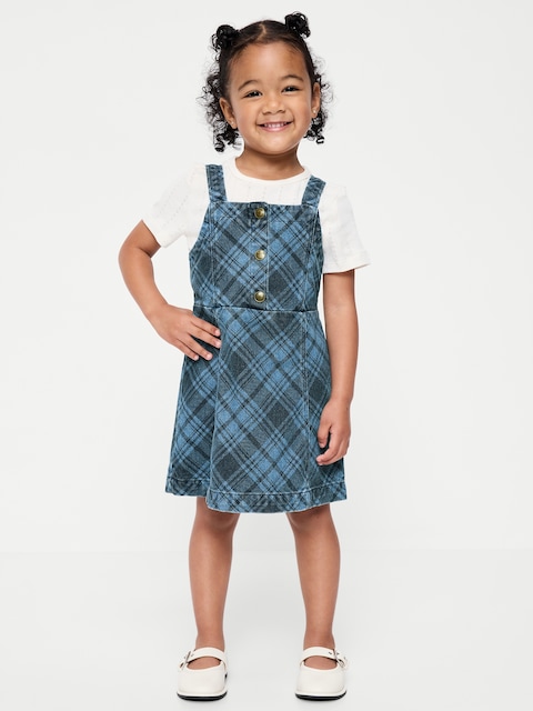 Sleeveless Plaid Denim Dress and T-Shirt Set for Toddler Girls