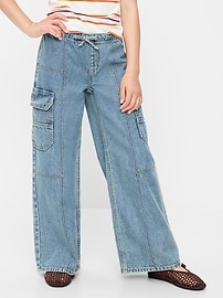 Image number 1 showing, Pull-On Low-Rise Super Baggy Wide-Leg Cargo Jeans for Girls