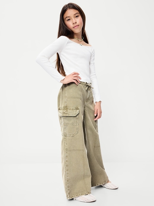 Image number 3 showing, Pull-On Low-Rise Super Baggy Wide-Leg Cargo Jeans for Girls