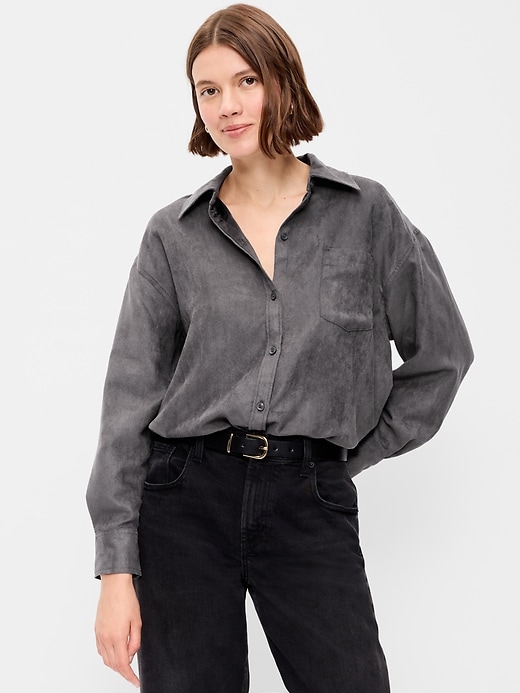 Image number 1 showing, Oversized Faux-Suede Button-Down Boyfriend Shirt