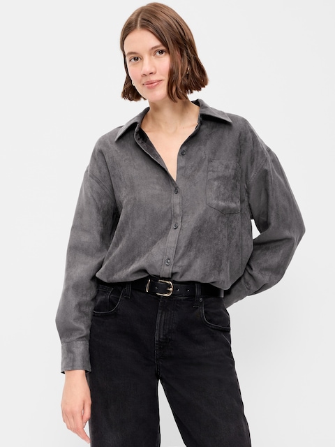 Oversized Faux-Suede Button-Down Boyfriend Shirt