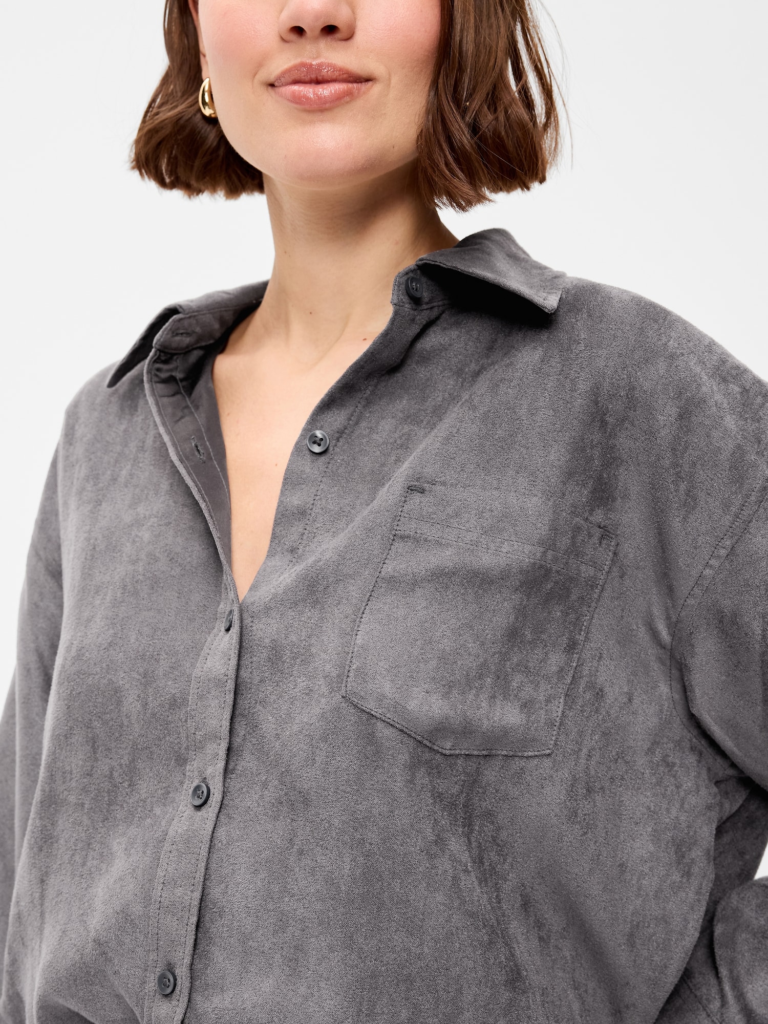 Oversized Faux-Suede Button-Down Boyfriend Shirt