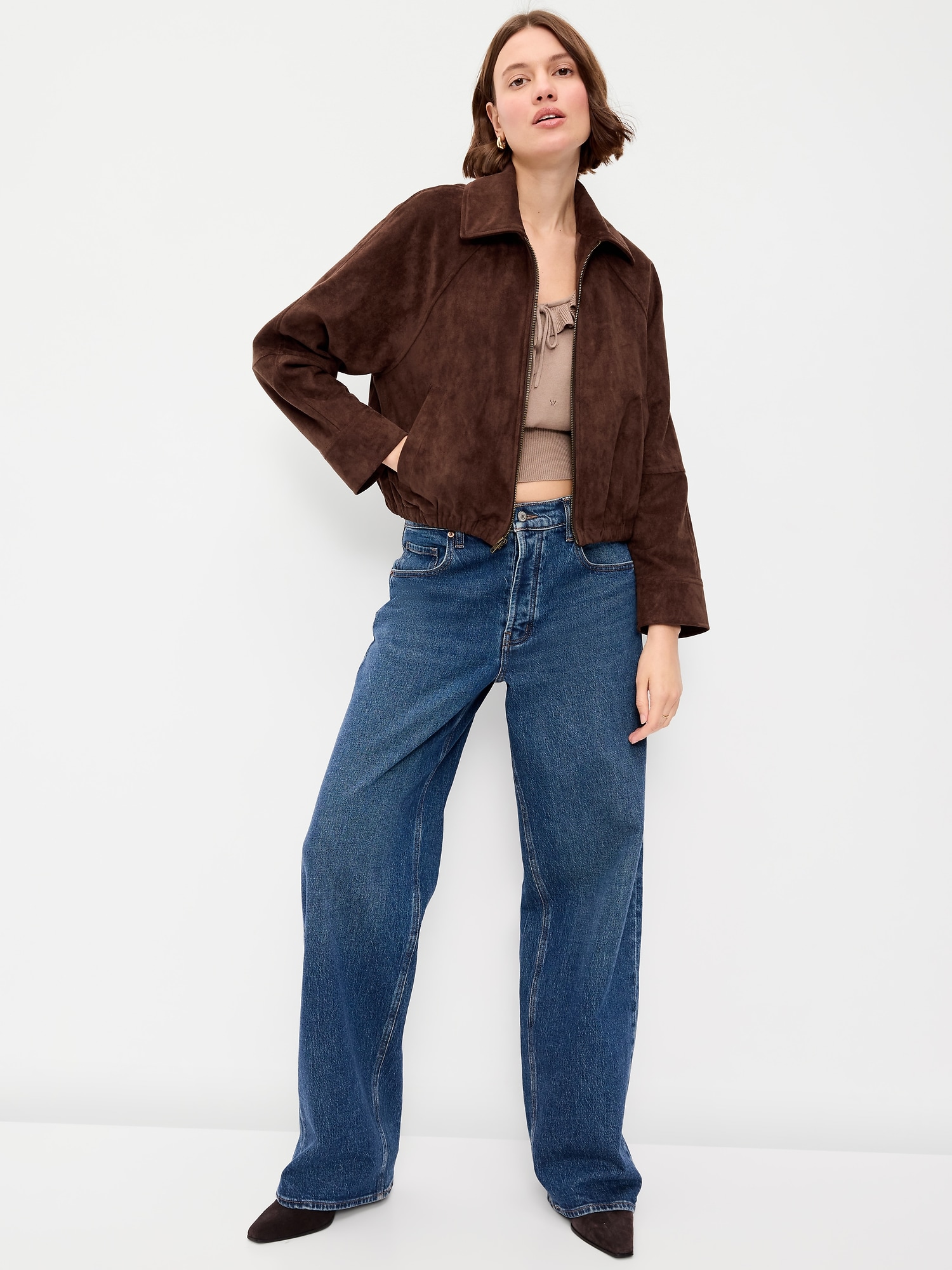 Full-Zip Faux-Suede Harrington Jacket