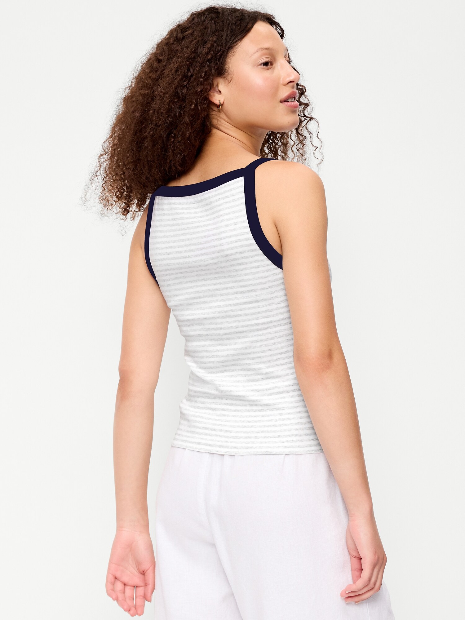 Женский топ Old Navy Snug Apron-Neck Tank Top, цвет: Меланжевый серый полосатый — фото 2