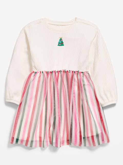 Long-Sleeve Ribbed Graphic Tutu Dress for Toddler Girls