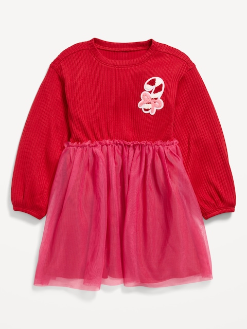Long-Sleeve Ribbed Graphic Tutu Dress for Toddler Girls