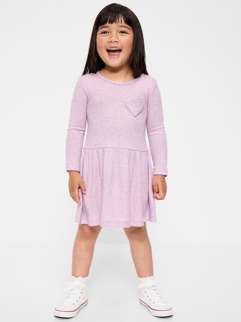 Long-Sleeve Ribbed Heart Pocket Dress for Toddler Girls