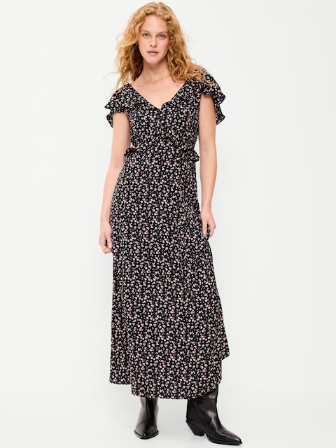 Flutter-Sleeve Crepe Maxi Dress